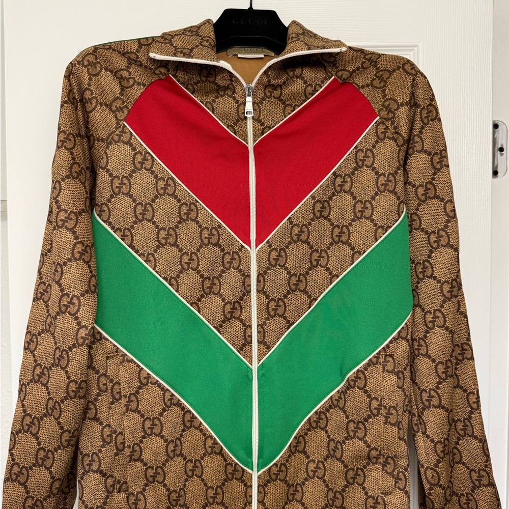 Gucci Brown GG Logo Track Jacket with Red and Green Chevron
